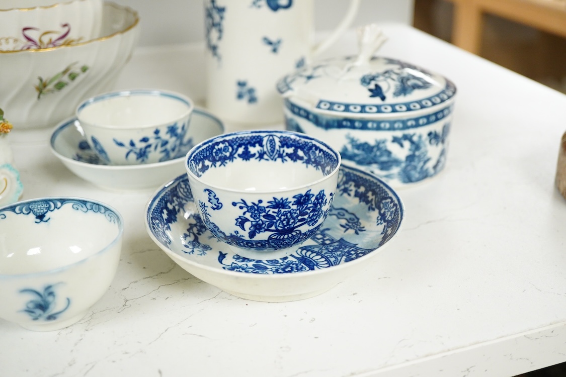 18th century mixed Worcester etc, including blue and white tableware together with two figurines etc, teapot, 13cm high (13).